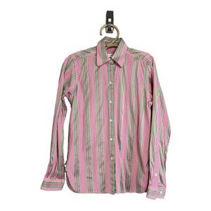 Andrea Becker Pink Green & White Ribbon Striped Long Sleeve Button Shirt Size XS